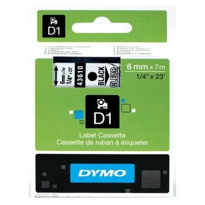 Fita Dymo D1 43610 6mmx7m Preto/Transparente