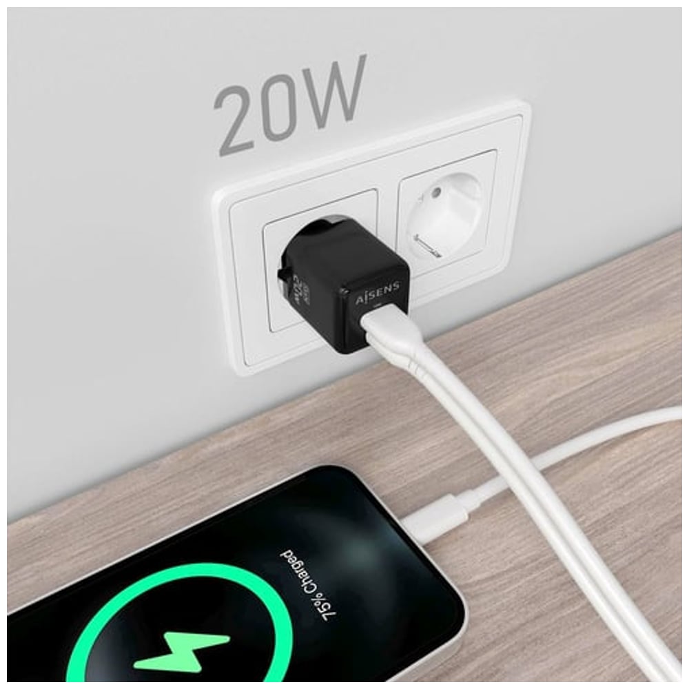 Carregador Universal 20W GAN 1xUSB-C PD3.0 QC4.0 - 1xUSB-A QC3.0 Preto