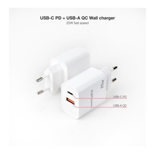 Carregador de Parede USB-C/PD + USB-A/QC 20W