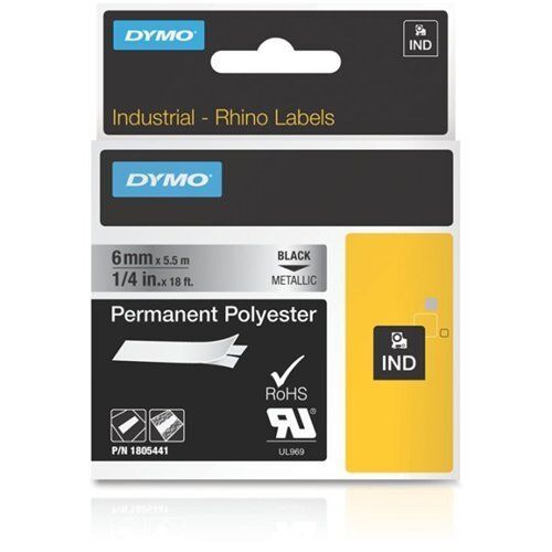 Fita Dymo Poliester Preto / Cinza Metal 6mm x 5.5m
