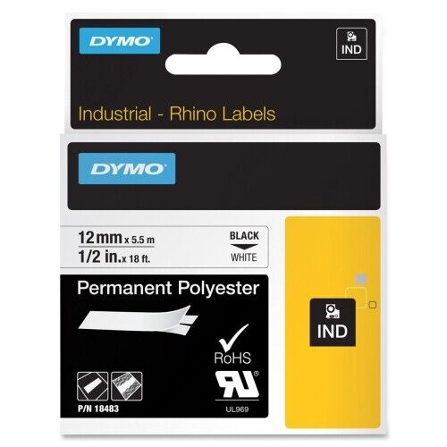 Fita Dymo Poliester Preto/Branco 12mm x 5.5m