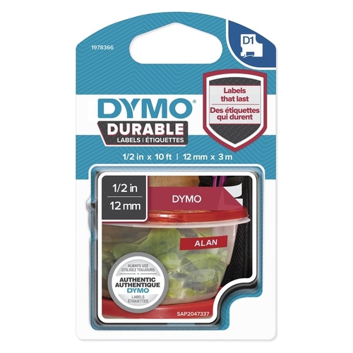 Fita Dymo D1 Branco / Vermelho 12mm x 3m