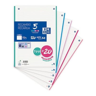 Recarga Papel Oxford A4 Rayado 100+20hojas - Colores Pastel