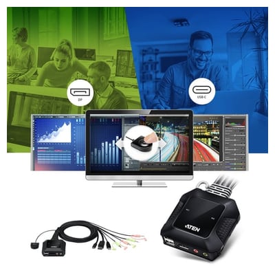Switch ATEN KVM de cabo híbrido DisplayPort USB-C de 2 portas
