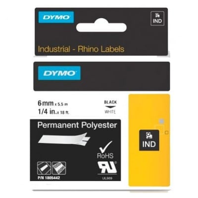 Fita Dymo Poliester Preto / Branco 6mm x 5.5m