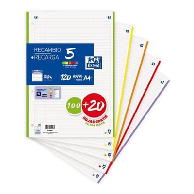Recarga Papel Oxford A4 Rayado 100+20hojas - Colores Vivos