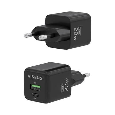 Carregador Universal 20W GAN 1xUSB-C PD3.0 QC4.0 - 1xUSB-A QC3.0 Preto