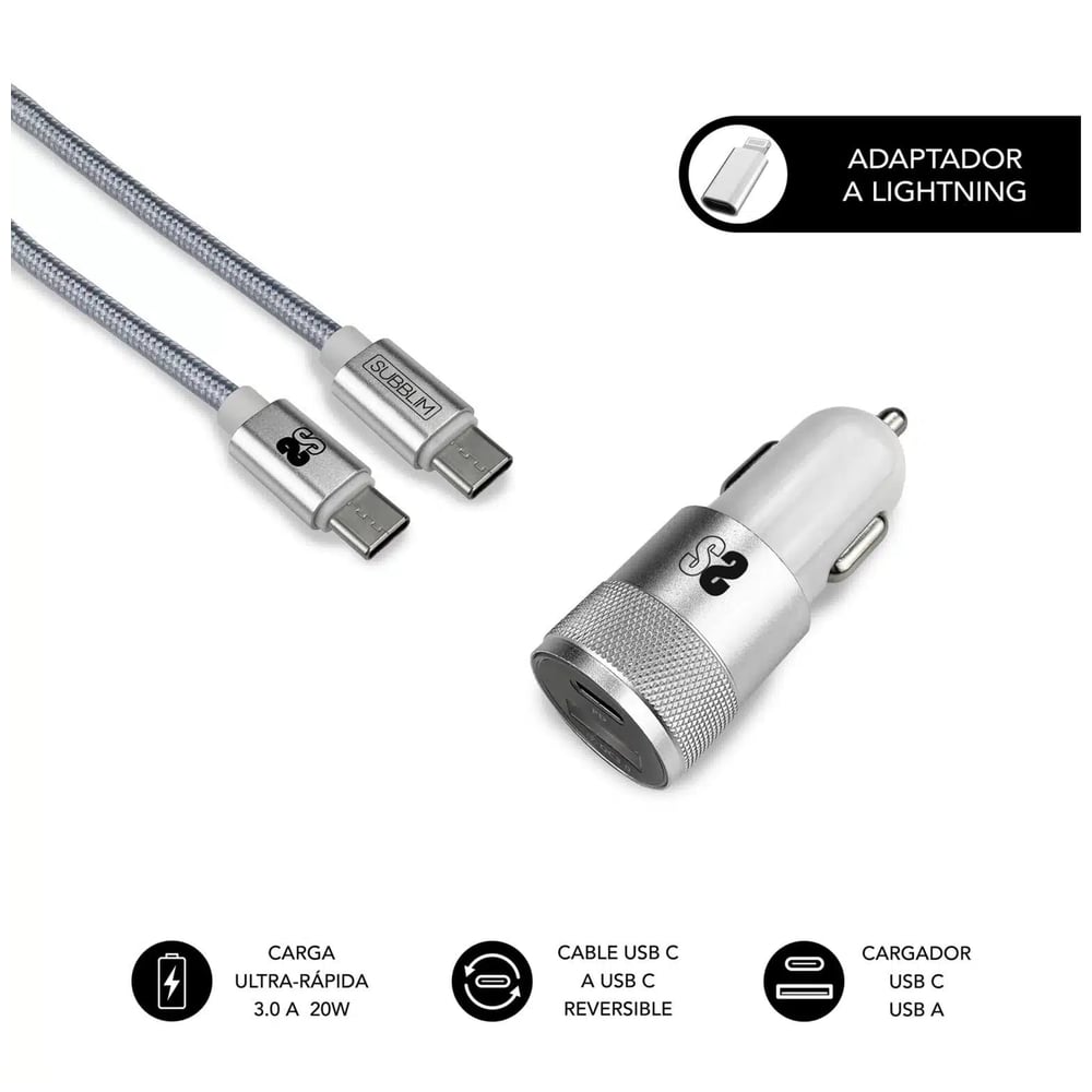 Carregador de carro Subblim Dual PD20W + QC3.0 com cabo C para C/Lightning