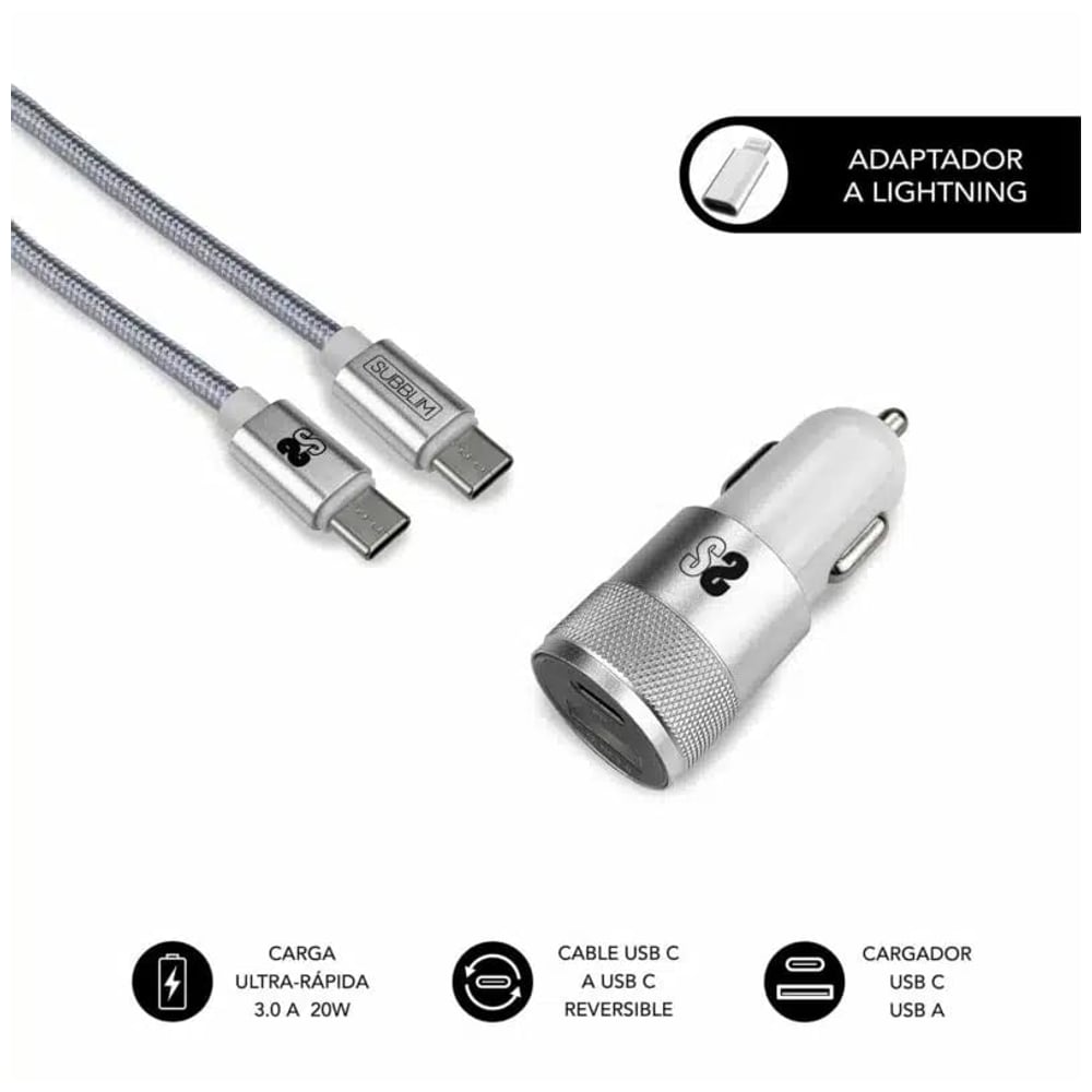 Carregador de carro Subblim Dual PD20W + QC3.0 com cabo C para C/Lightning