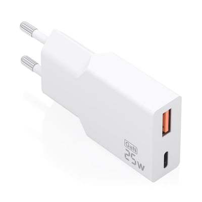 Carregador Universal 25W GaN 1xUSB-C PD3.0 QC4.0 - 1xUSB-A QC3.0 Branco