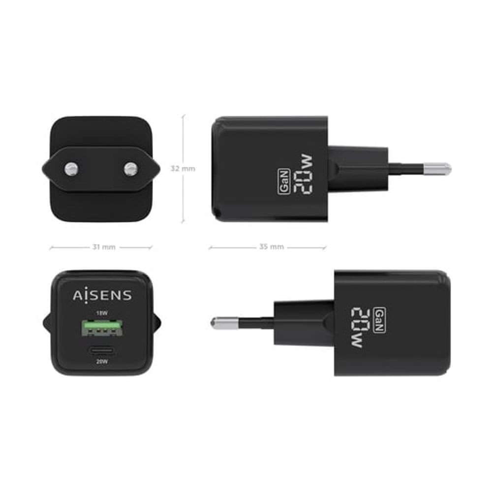 Carregador Universal 20W GAN 1xUSB-C PD3.0 QC4.0 - 1xUSB-A QC3.0 Preto